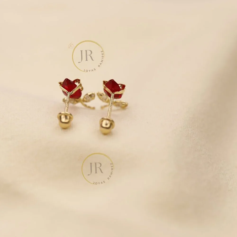 14K Solid Yellow Gold Red Tulip Stud Earrings • Floral Elegance & Passion. - Picture 8 of 11